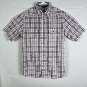 Kavu Shirt Mens Large Orange Gray Plaid Short Sleeve‎ Button Up Hiking Outdoors